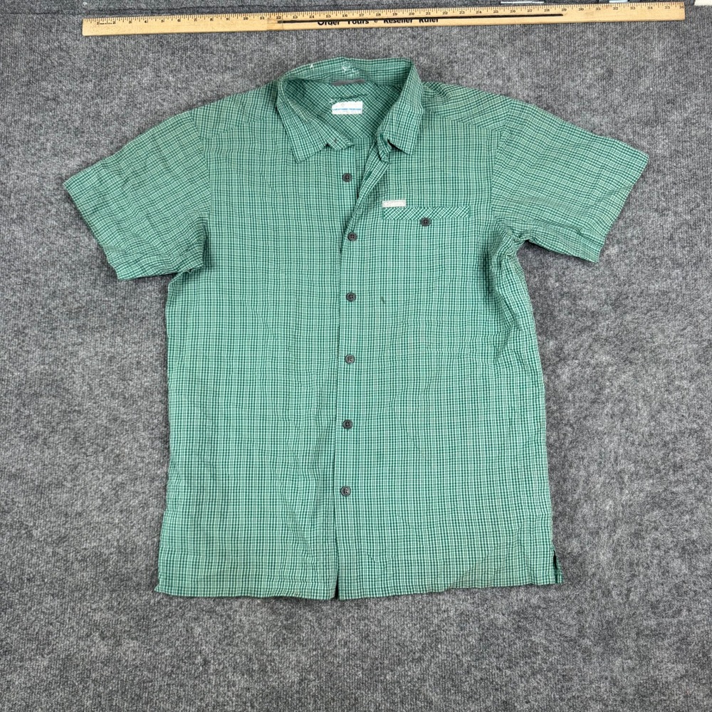 Columbia Shirt Mens Size Medium Green Gingham Plaid Short Sleeve Hiking Casual